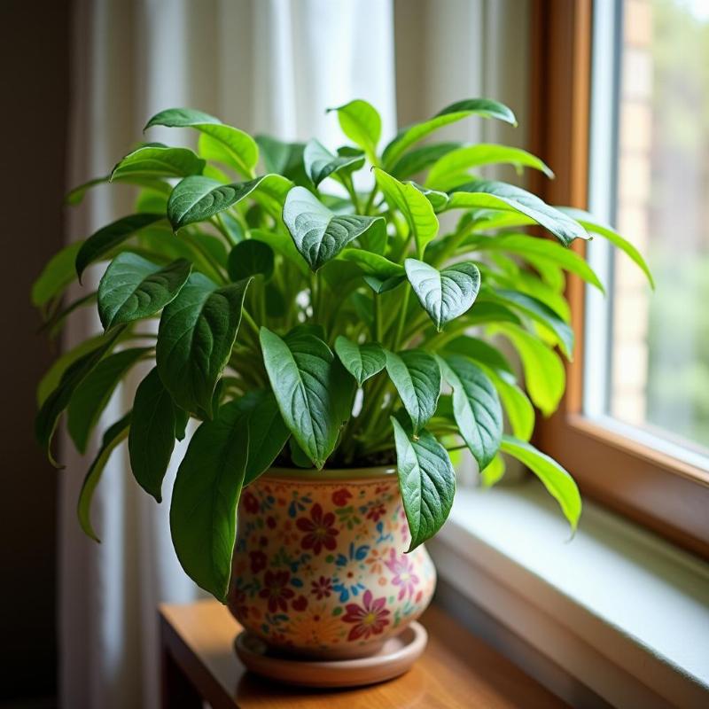 Hình ảnh cây ngũ gia bì xanh tốt được đặt trong nhà cạnh cửa sổ tràn đầy sức sống